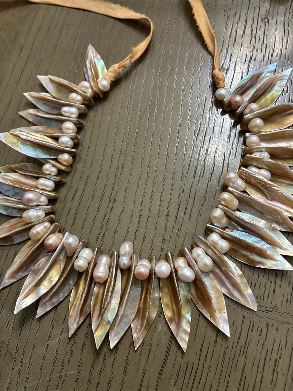 Handmade Peach Pearl and Iridescent Shell Necklace - Women Jewelry - Picture 2 of 7